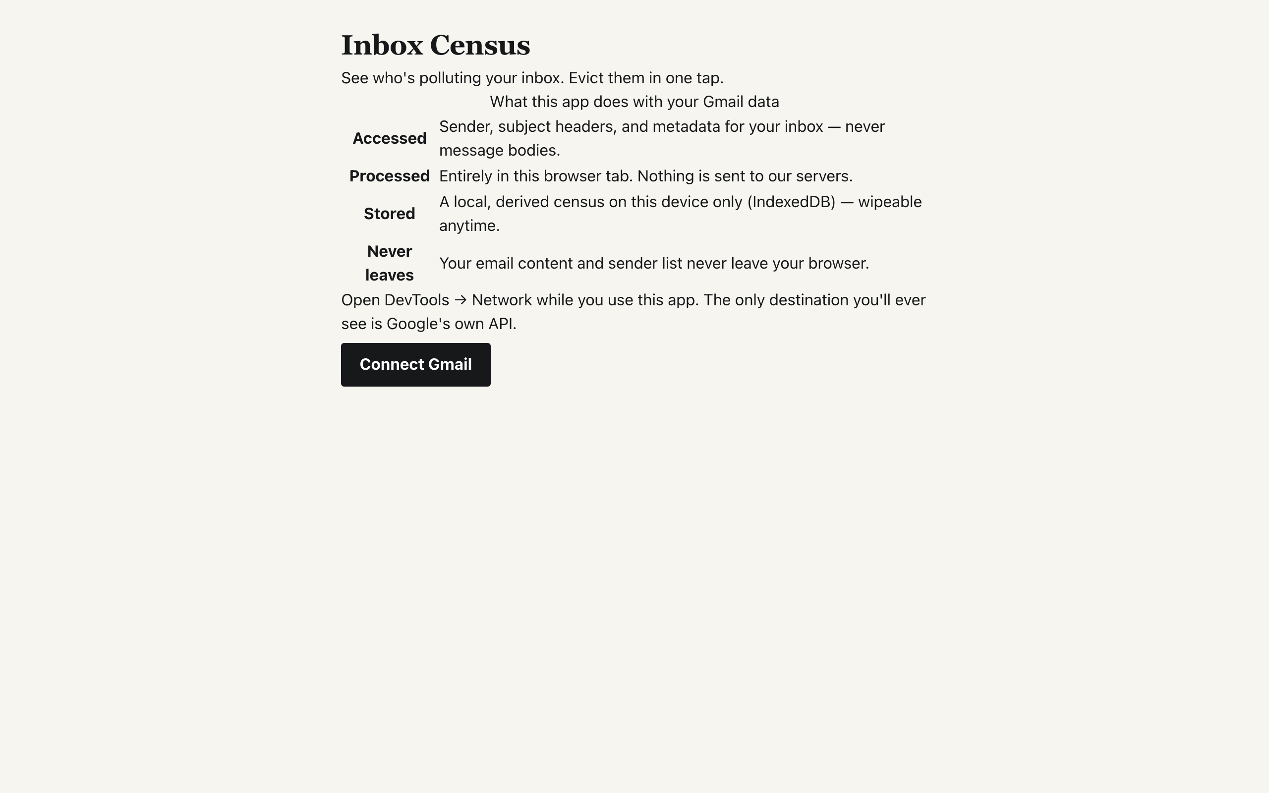 The Connect screen: one Google sign-in button above a plain-language summary of exactly what the app can and cannot touch.